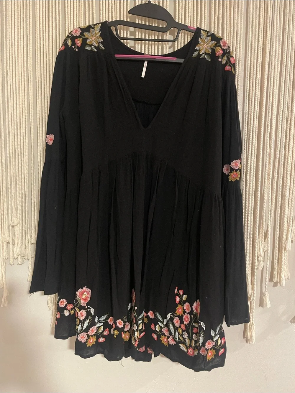 Free People Black Mini Dress with Pink Floral Embroidery